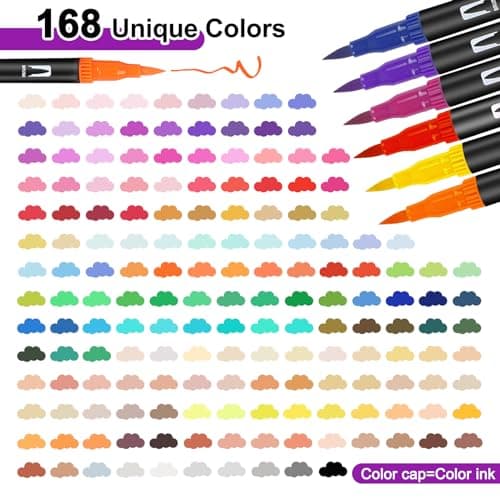 Gelanty Feutres Coloriage Adulte, 168 Stylos Dual Tip Brush, Appropriés pour Artiste Entraînés, Création d'Art, Salon d'