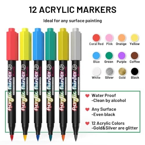 LUZOON Feutre Acrylique 12 Couleurs Permanent Imperméable pour Pierre Bois Verre Plastique Toile Pointe Souple 1-3mm