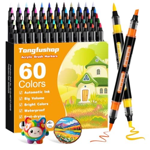 Tongfushop Feutres Acryliques 60 Couleurs pour Adulte, Marqueurs Peinture Pointe Pinceau pour Pierre Bois Toile Verre Cé — 60 Couleurs(Double Pointe)