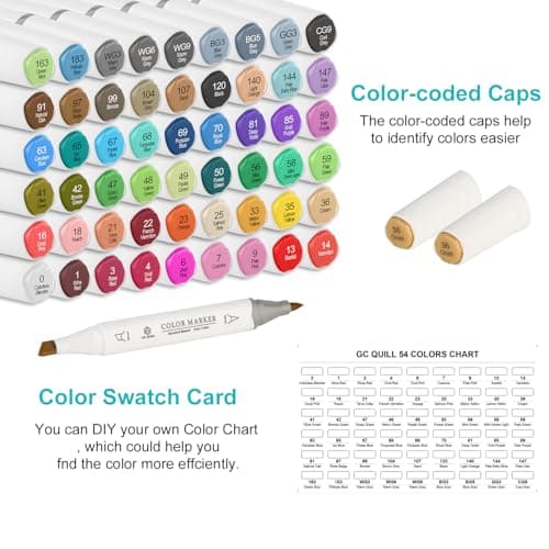 GC QUILL 54 Feutres à Alcool Double Pointe - 53 Couleurs + 1 Blender - Marqueurs Ados et Adultes pour Dessin