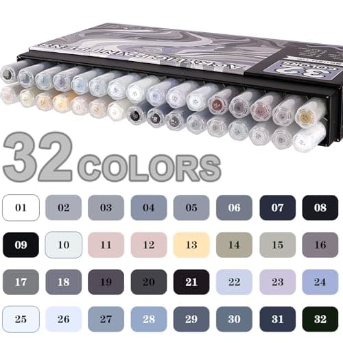 NICETY Marqueurs Acryliques 32 Couleurs – Stylos Pinceaux pour Peinture sur Pierre, Bois, Verre, Céramique – Pointe Pinc