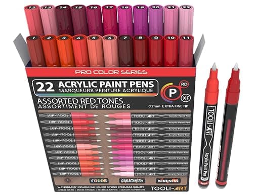 TOOLI-ART Skin Pro Color Series Lot de 22 marqueurs acryliques - Pointe extra fine - Non toxiques - Idéaux pour peinture — Rouge