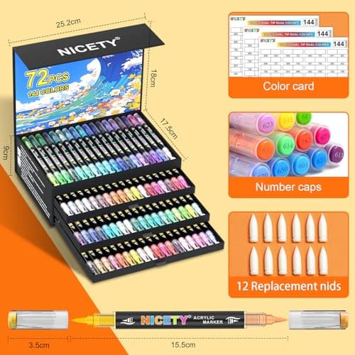 NICETY 144 Couleurs Feutres Acryliques pour Artisans - 72 Marqueurs Double Pointe Résistants - Idéal pour Pierre, Bois,