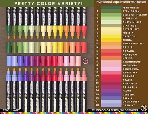 Marqueurs acryliques Wildflower Colors Studio Color Series - Paquet de 28 - Pointe moyenne 3 mm - Pour peinture sur roch