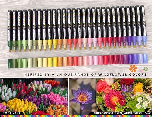 Marqueurs acryliques Wildflower Colors Studio Color Series - Paquet de 28 - Pointe moyenne 3 mm - Pour peinture sur roch
