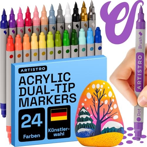 Artistro 24 feutres acryliques double pointe - peinture sur tissu, toile, pierre, verre, bois, papier - idéal pour DIY e