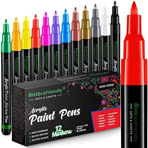 MHSEcoFriendly Lot de 12 stylos acryliques non toxiques à pointe fine 0,7 mm pour peinture sur roche, pierre, galets, ve