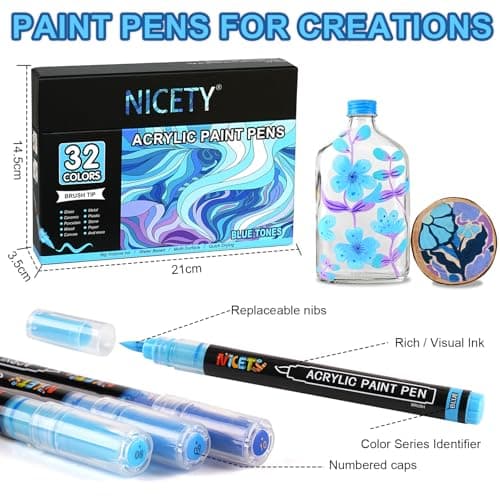 NICETY Marqueurs Acryliques – 32 Couleurs Stylos Pinceaux Bleu pour Adultes – Peinture sur Pierre, Bois, Verre, Céramiqu
