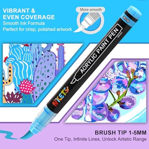 NICETY Marqueurs Acryliques – 32 Couleurs Stylos Pinceaux Bleu pour Adultes – Peinture sur Pierre, Bois, Verre, Céramiqu
