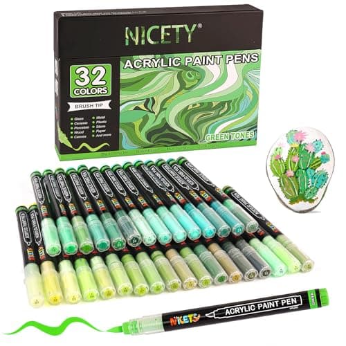 NICETY Marqueurs Acryliques 32 Couleurs pour Adultes - Stylos Pinceaux sur Pierre, Bois, Verre, Céramique - Pointe Pince — Vert