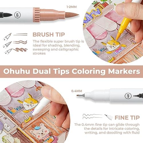 Ohuhu Feutres à Colorier Adultes, 120 Couleurs Aquarelle, Double Pointe Fine et Pinceau, Idéal pour Calligraphie et Dess