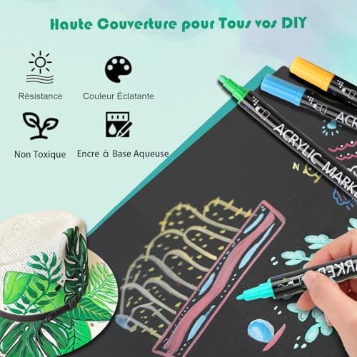 AEDAGA 48 Couleurs Feutre Acrylique pour Enfants et Adultes - Double Pointe Fine & Ronde - Coloriage et Peinture sur Ver