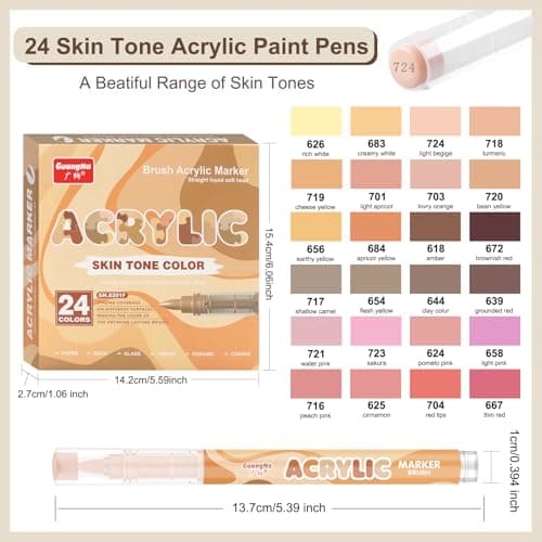 Funnasting Nuances de Peau Feutres Acrylique 24 Couleurs Résistantes à l'Eau pour Adultes, Peinture DIY sur Roches, Verr