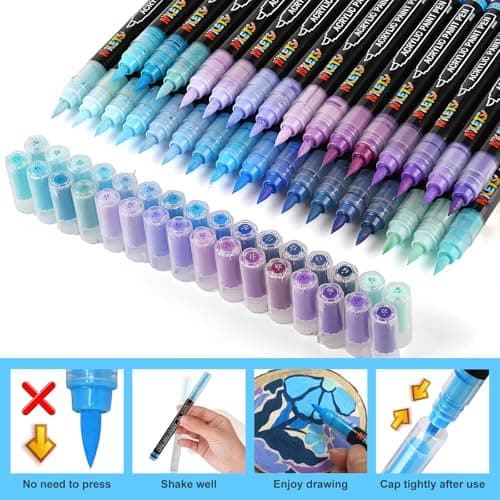 NICETY Marqueurs Acryliques – 32 Couleurs Stylos Pinceaux Bleu pour Adultes – Peinture sur Pierre, Bois, Verre, Céramiqu