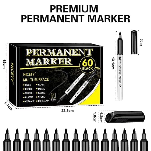 NICETY Lot de 60 Stylos Marqueurs Noirs Indélébiles Pointe Fine pour Artistes Adultes, Dessin & Marquage sur Verre, Bois