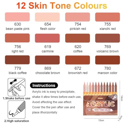 Marqueurs acrylique 12 pièces Skin Tone Color Series Pinceau 0.5~5MM Adulte Peinture Verre Bois Verchère Peinture Sur Co