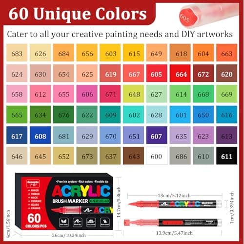 Gelanty Acrylique 60 Couleurs Marker avec Embout Pinceau Flexible Liquide Direct pour Peinture sur Rock, Céramique, Bois