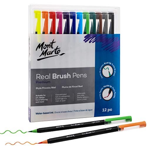 MONT MARTE Feutres Coloriage 24 Brush Pens Peinture à eau Idéal pour Dessin et Calligraphie — 12 Couleurs