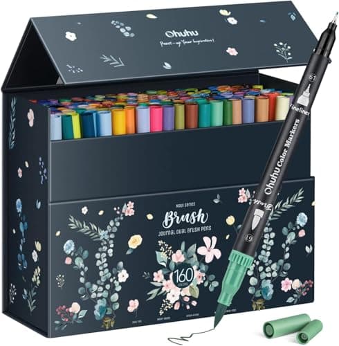 Ohuhu Couleurs de Coloriage Adulte Aquarelle, Boîte de Rangement Maui - Feutres Doubles Pointes Fine et Pinceau pour Cal