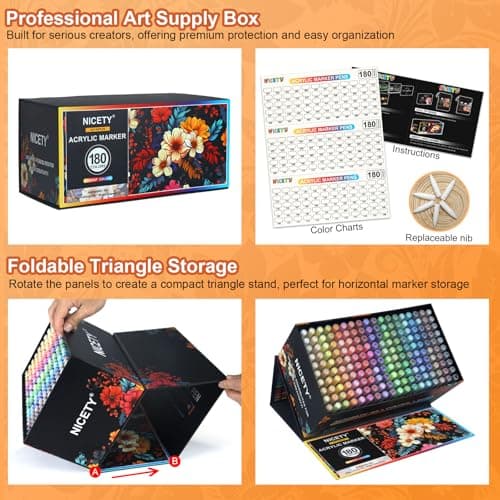 Marqueurs acryliques NICETY 180 Couleurs – Pour Adultes – Pointe 1-6mm – Peinture sur Pierre, Bois, Verre, Céramique – S