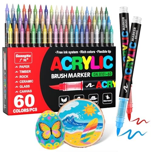 Guangna Acrylique Markers 240 Pointes Pinceau, Couleurs pour Adultes, Dessin, Peinture sur Pierre, Céramique, Verre, Boi — 60 Couleur