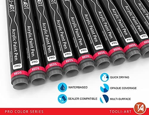 Marqueurs acryliques rouge et rose Pro Color 0,7 mm - peinture sur roche, verre, tasses, bois, métal, toile | Lot de 22