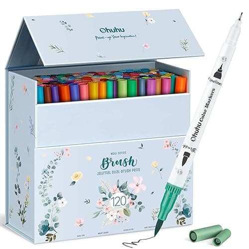 Ohuhu Feutres à Colorier Adultes, 120 Couleurs Aquarelle, Double Pointe Fine et Pinceau, Idéal pour Calligraphie et Dess