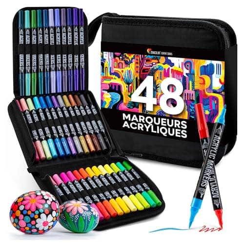 Marqueur Acrylique Zenacolor Double Pointe 48 Couleurs pour Artiste - Feutres Peinture - Pochette Incluse