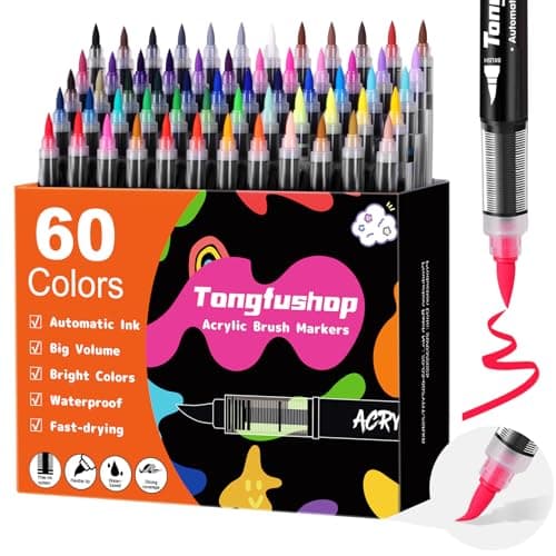 Tongfushop Feutres Acryliques 60 Couleurs pour Adulte, Marqueurs Peinture Pointe Pinceau pour Pierre Bois Toile Verre Cé