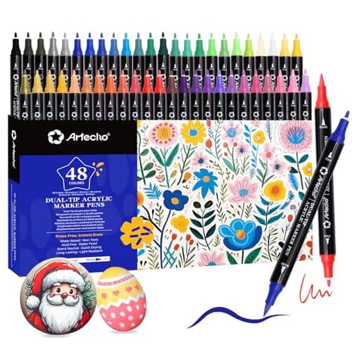 Artecho feutres acryliques 48 couleurs résistant à l'eau, 0.5-5mm Dual Tip Marker pour rock painting, verre et papier, i