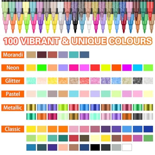 Marque Lyuvie Feutre Acrylique 100 Couleurs pour Textile Verre et Métal, Permanent et Precis de 0,7 mm pour Artistes Ama