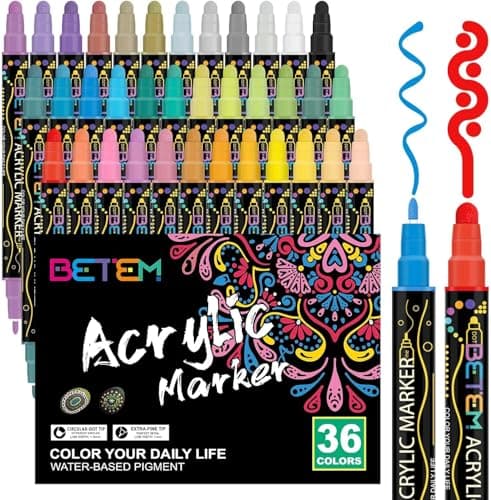 Stylo Marqueur Betem 36 Couleurs Acrylique pour Peinture Artisanale sur Bois, Toile et Objets DIY, Idéal pour Artistes E