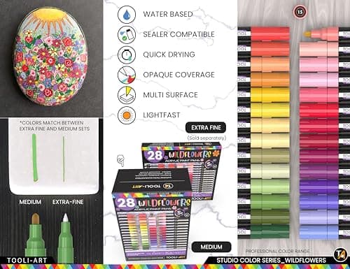 Marqueurs acryliques Wildflower Colors Studio Color Series - Paquet de 28 - Pointe moyenne 3 mm - Pour peinture sur roch