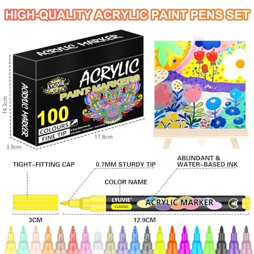 Marque Lyuvie Feutre Acrylique 100 Couleurs pour Textile Verre et Métal, Permanent et Precis de 0,7 mm pour Artistes Ama