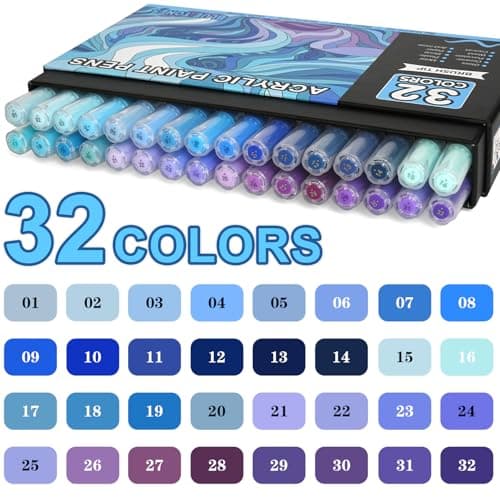 NICETY Marqueurs Acryliques – 32 Couleurs Stylos Pinceaux Bleu pour Adultes – Peinture sur Pierre, Bois, Verre, Céramiqu