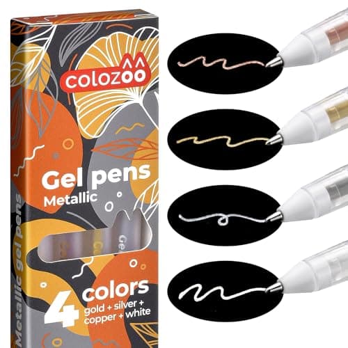 Colozoo Ensemble de 4 Stylos Gel Métalliques 0.8mm | Rapidement Séchables pour Dessin Inc. | Couleurs Or, Argent, Cuivre