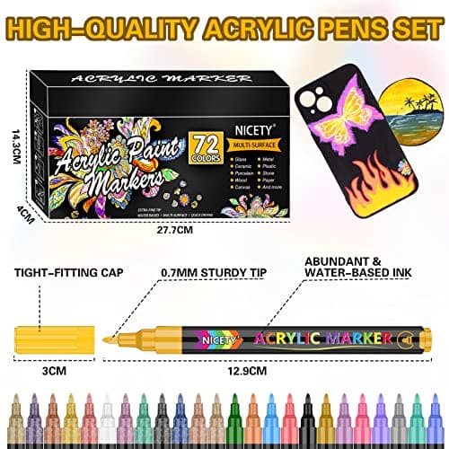 Nicety Lot de 72 marqueurs acryliques à pointe extra fine pour créatifs et artistes en loisirs créatifs