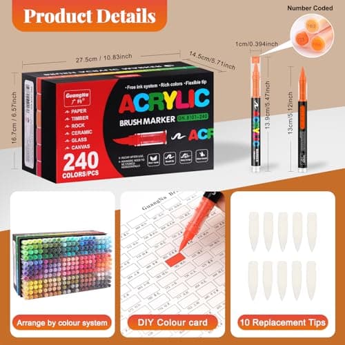 Funnasting 240 Couleurs Feutre Acrylique pour Arts & Crafts - Tête de Brosse Douce - Idéal pour Coloriage, Verre, Tissu,