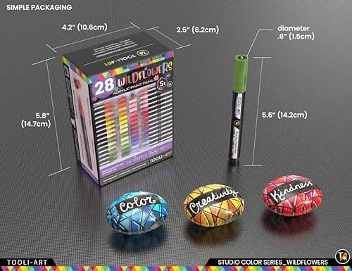 Marqueurs acryliques Wildflower Colors Studio Color Series - Paquet de 28 - Pointe moyenne 3 mm - Pour peinture sur roch