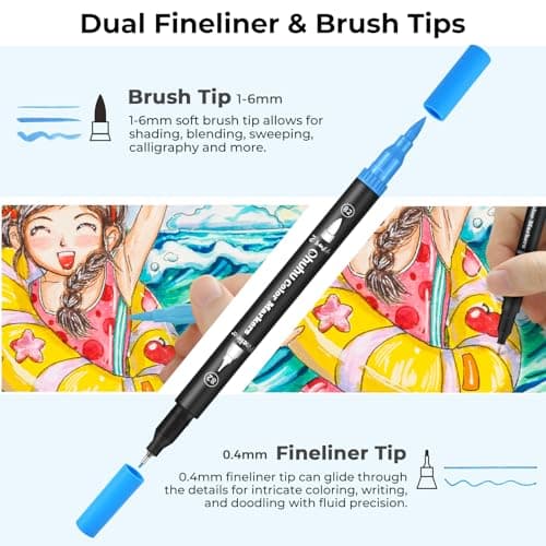 Ohuhu Couleurs de Coloriage Adulte Aquarelle, Boîte de Rangement Maui - Feutres Doubles Pointes Fine et Pinceau pour Cal