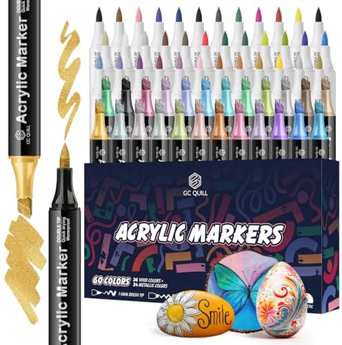 GC QUILL Feutres Acrylique - 60 couleurs - marqueurs acryliques double pointe embouts pinceau et biseau (1-5mm) - pour p