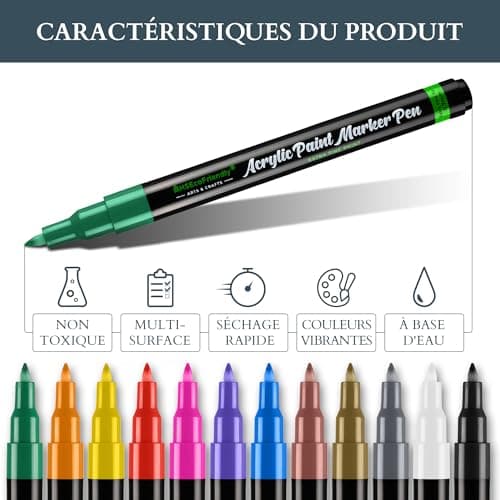 MHSEcoFriendly Lot de 12 stylos acryliques non toxiques à pointe fine 0,7 mm pour peinture sur roche, pierre, galets, ve