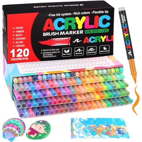 Efimeso 120 Couleurs Feutre Acrylique pour Artistes, Marqueur Peinture Acrylique à Pinceau à Base D'eau, Apprentis et Ex