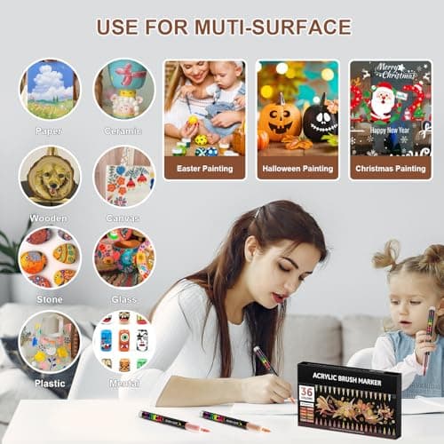 TrendGate Acrylique Brun Feutre 36 Couleurs Marqueur Multisurface Verre Papier Bois Céramique Metallique Textile Oeuf