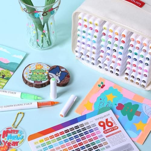 Languo Lot de 96 marqueurs acryliques pointe pinceau souple pour tout usage créatif, doux et durable, sac de marqueurs i