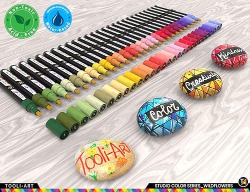 Marqueurs acryliques Wildflower Colors Studio Color Series - Paquet de 28 - Pointe moyenne 3 mm - Pour peinture sur roch