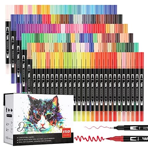 Marqueurs pinceaux HHhouu Lot de 150 à double pointe pour adultes professionnels - Livres de coloriage, cartes à dessin,