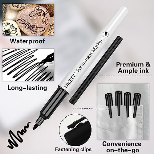 NICETY Lot de 60 Stylos Marqueurs Noirs Indélébiles Pointe Fine pour Artistes Adultes, Dessin & Marquage sur Verre, Bois