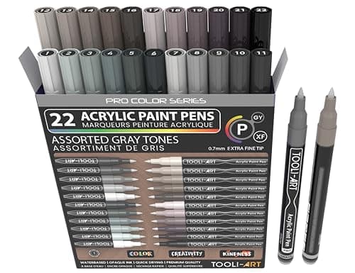 TOOLI-ART Skin Pro Color Series Lot de 22 marqueurs acryliques - Pointe extra fine - Non toxiques - Idéaux pour peinture — Gris