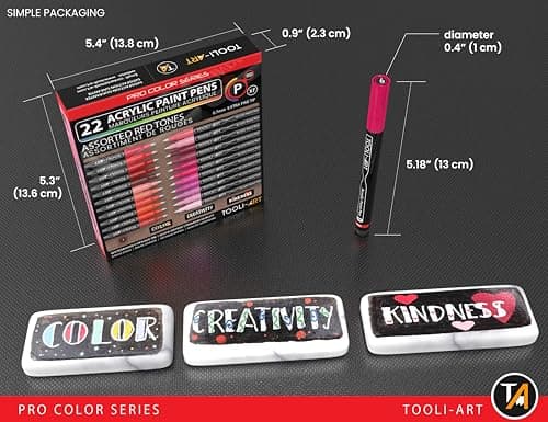 Marqueurs acryliques rouge et rose Pro Color 0,7 mm - peinture sur roche, verre, tasses, bois, métal, toile | Lot de 22